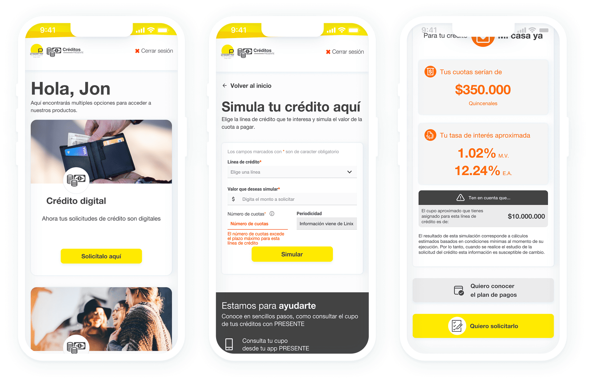 Fondo Presente desktop workflow screens and credit states